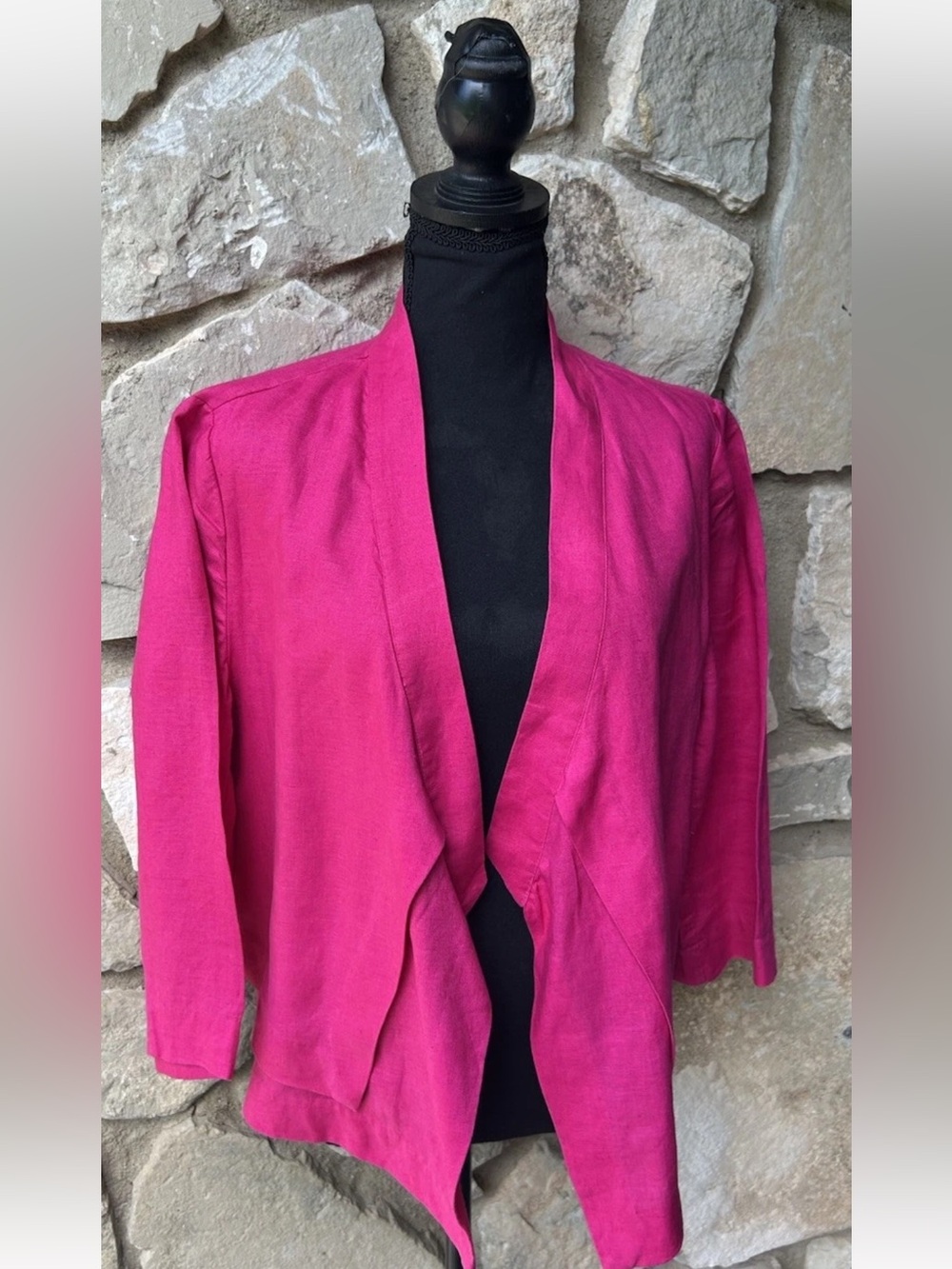 Chico's Linen Jacket Size 1 Medium Hot Pink Open Front Waterfall